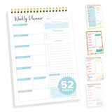 Decorably 52 Sheets Blue Undated Weekly Planner Notepad - 6.5x10in Spring-Bound, Easy Tear-Off Design, with Focus, Priorities, t