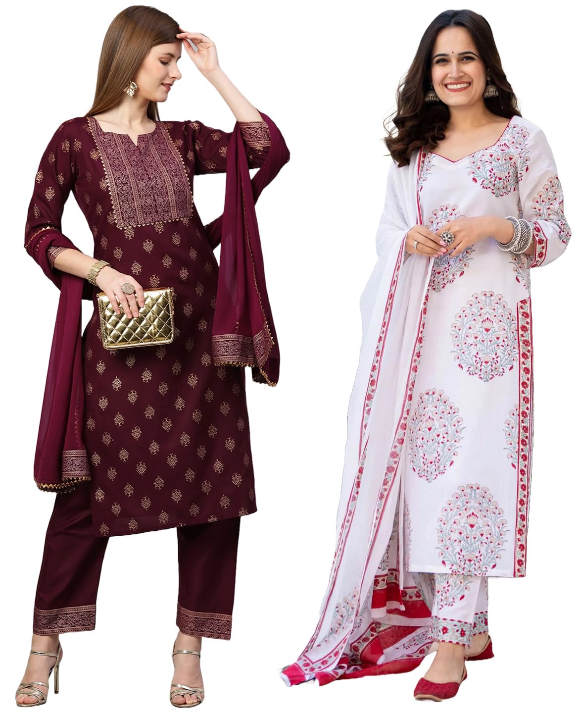 Anni Designer Women'S Cotton Blend Printed Straight Kurta With Pant & Dupatta Pack Of 2 (Combo-Coco-Wine-Cup-Off White_M_Multi_Medium),Multicolour,M