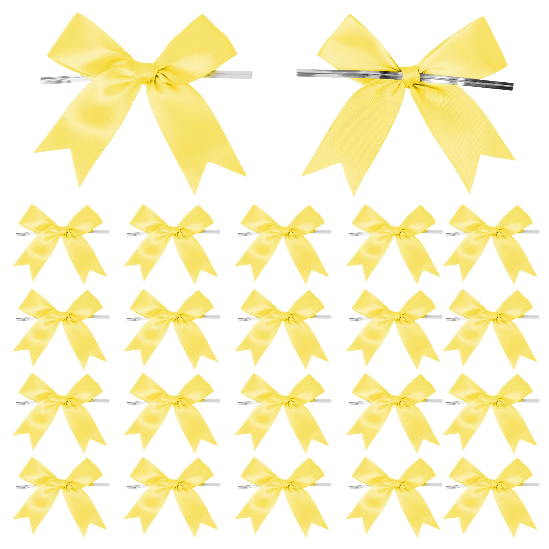 50 Counts Yellow Twist Tie Bows 3.1 Pre-Tied Satin Ribbon Bow Decor Mini Twist Tie Bows for Gift Wrapping Treat Bags Cake Bridal
