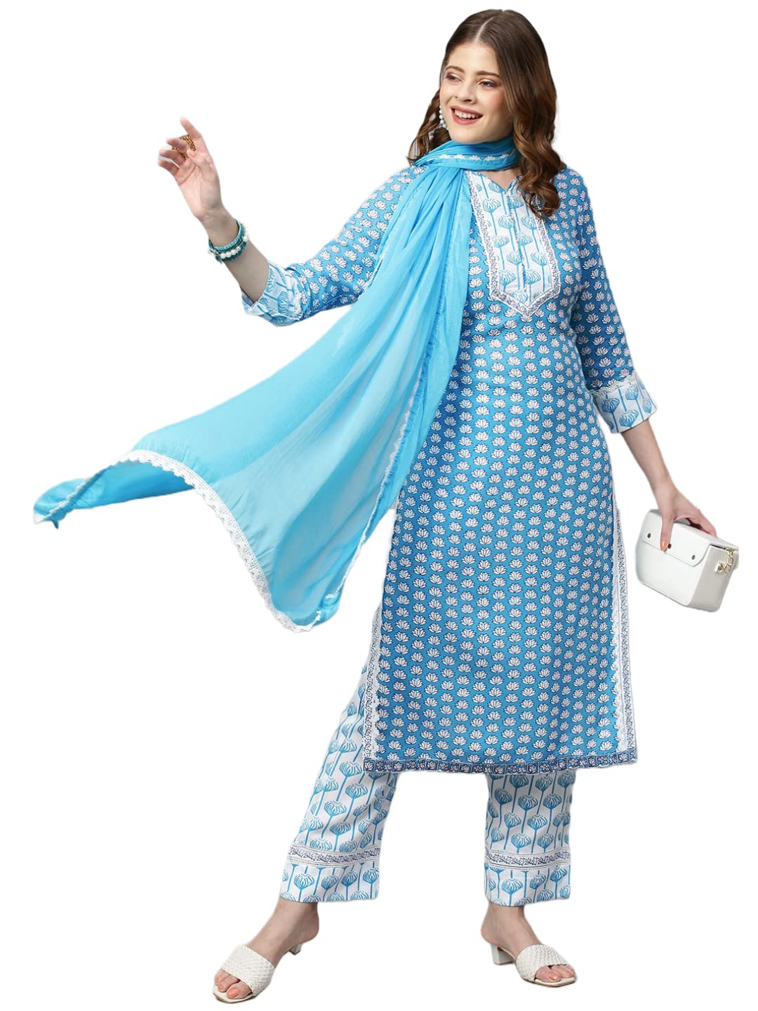 Gosriki Women'S Cotton Blend Printed Straight Kurta With Pant & Dupatta (Sky Bird-Blue_New_Xxl-Go_Blue_Xx-Large),Blue,2,B0B4G22L9C