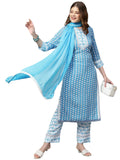 Gosriki Women'S Cotton Blend Printed Straight Kurta With Pant & Dupatta (Sky Bird-Blue_New_Xl-Go_Blue_X-Large),Blue,,B0B4FXG38V