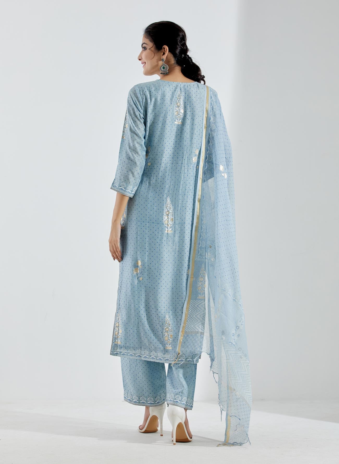 Gosriki Women'S Cotton Blend Straight Printed Kurta With Pant & Dupatta (Mataji Blue-Gs_Xl_Blue_X-Large),Blue,,B0D4VJ8444