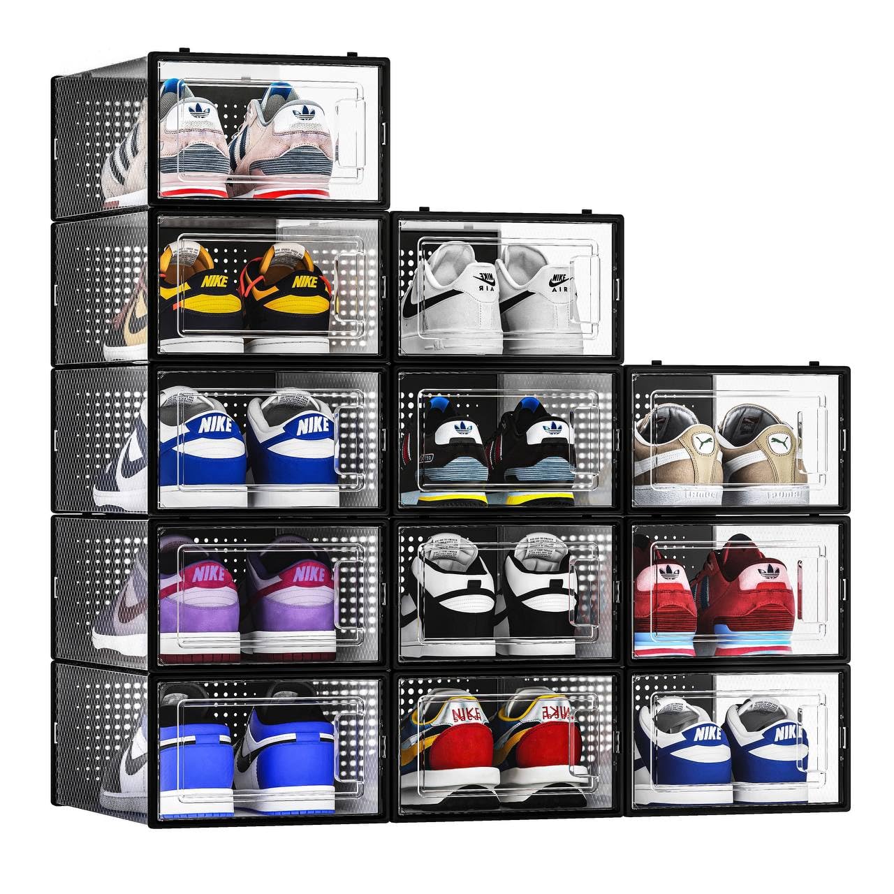 12 Pack Shoe Storage Bins, Clear Plastic Stackable Shoe Organizer for Closet, Space Saving Foldable Shoe Rack, Shoe Box Sneaker 