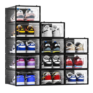 12 Pack Shoe Storage Bins, Clear Plastic Stackable Shoe Organizer for Closet, Space Saving Foldable Shoe Rack, Shoe Box Sneaker 