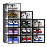 12 Pack Shoe Storage Bins, Clear Plastic Stackable Shoe Organizer for Closet, Space Saving Foldable Shoe Rack, Shoe Box Sneaker 