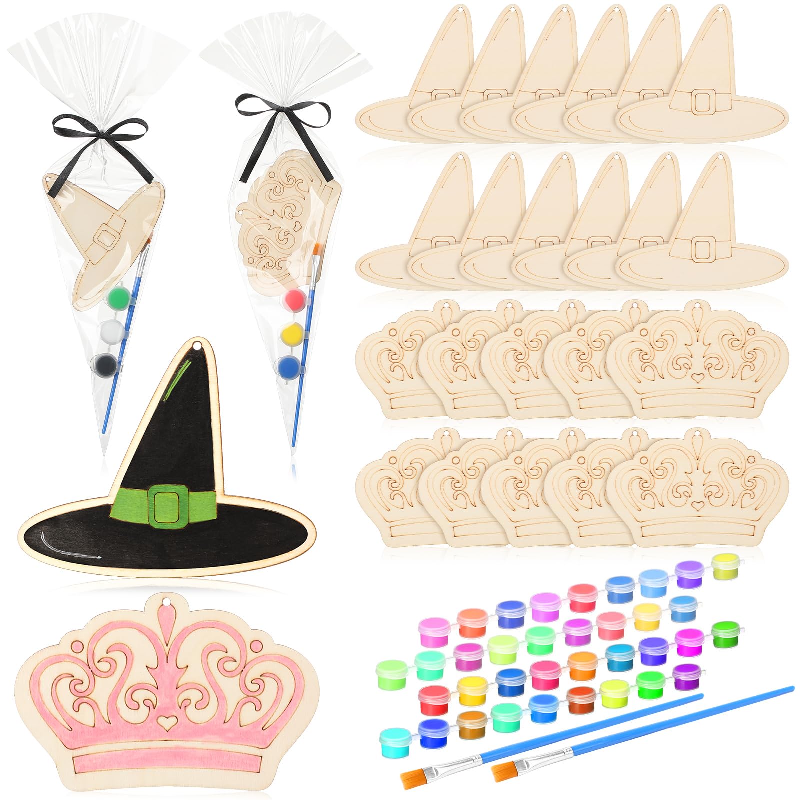 VioraWhite 24 Set Paint Your Own Witch Princess Party Favors Pink and Green Party Supplies Witch Hats Princess Crowns DIY Wood P