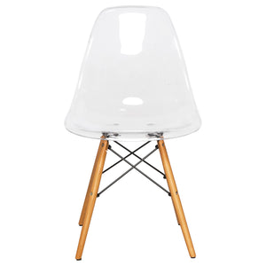 Leisuremod Dover Plastic Molded Dining Side Chair With Wood Dowel Legs, Set Of 4 (Clear)