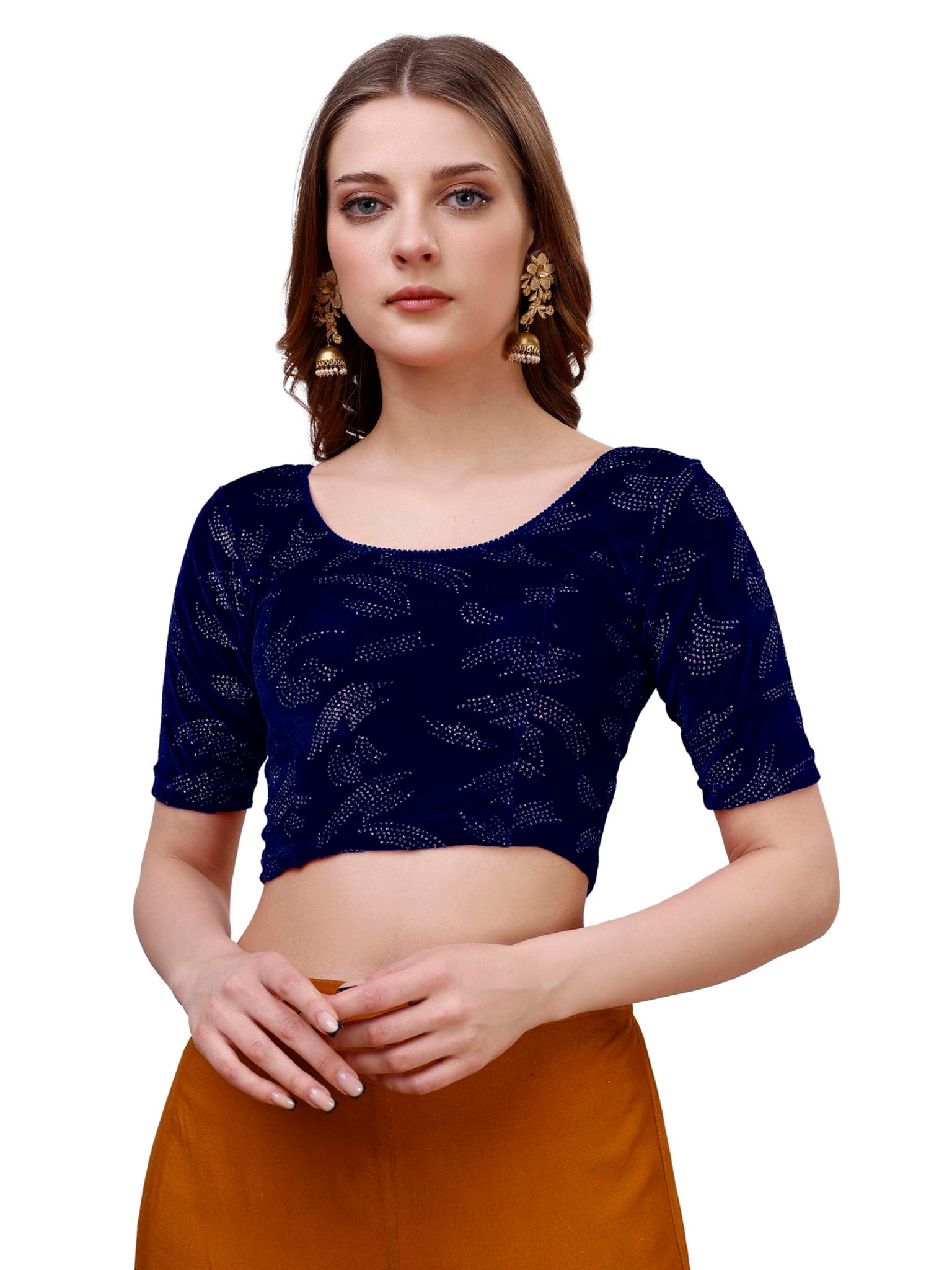 Vihu Fashion Women's Readymade Hosiery Velvet Lycra Stretchable Round Neck Half Sleeve Blouse Fancy Navy Blue Color Lycra Stretc