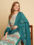 Anni Designer Women'S Cotton Blend Straight Printed Kurta With Pant & Dupatta (Kamkoj Teal_S_Blue_Small),Teal Blue,S,,,
