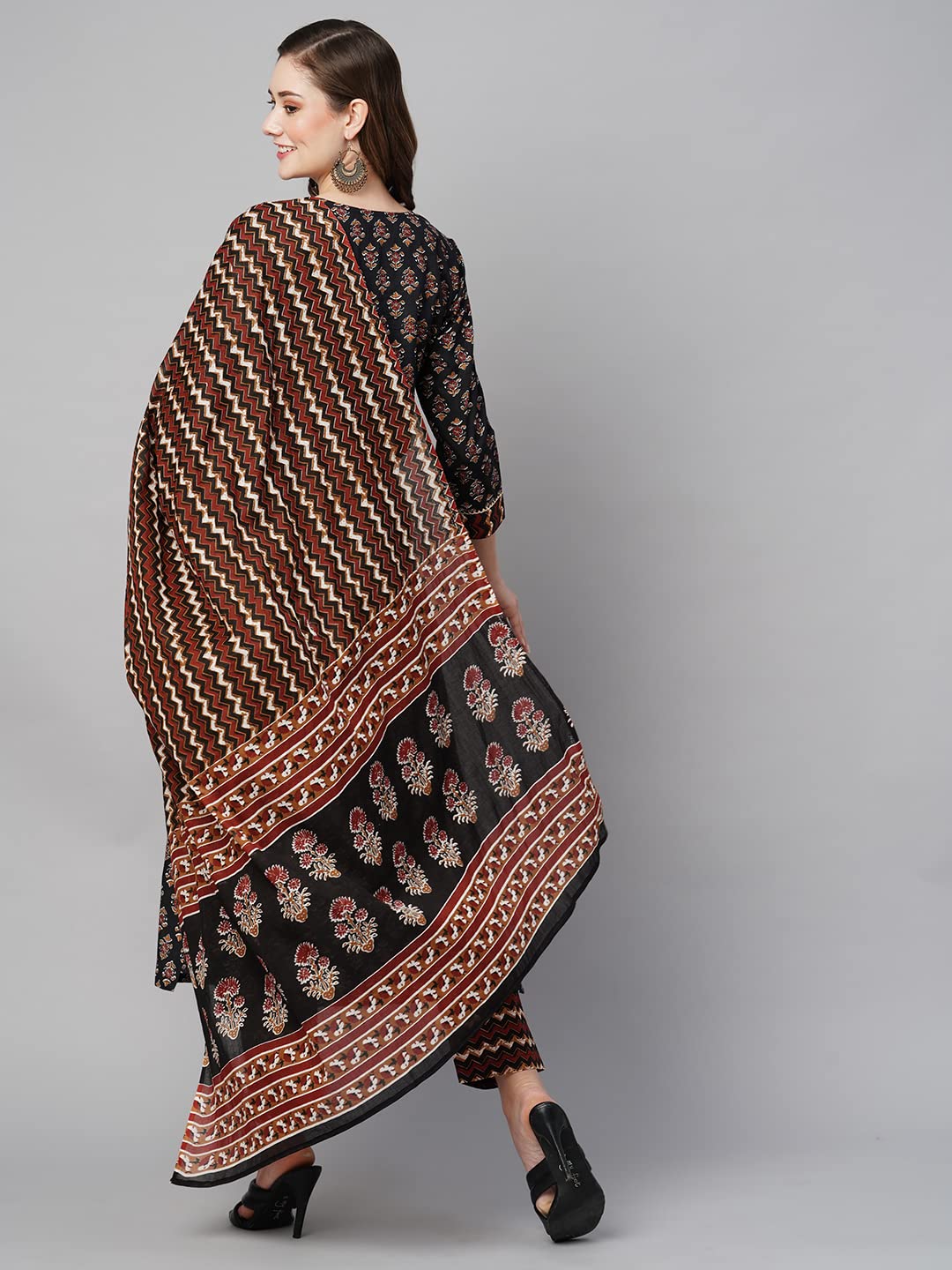 Anni Designer Women'S Cotton Blend Straight Printed Kurta With Pant & Dupatta (Manita Black_S_Black_Small),Black,S,Cotton Blend,Regular,Kurta, Pant & Dupatta