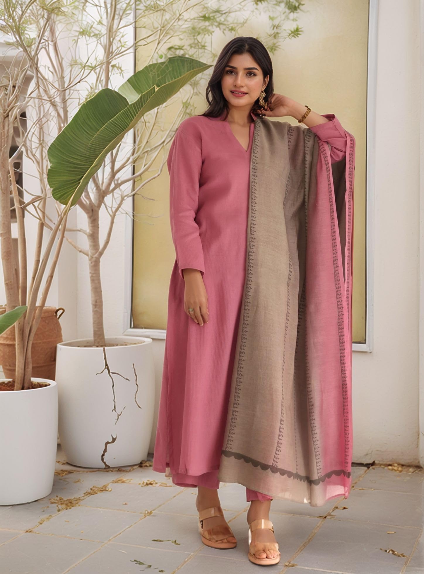 Anni Designer Women'S Rayon Viscose Straight Solid Kurta With Pant & Dupatta (Kamleya Pink_M_Pink_Medium),Pink,M,Silk Blend,Regular,