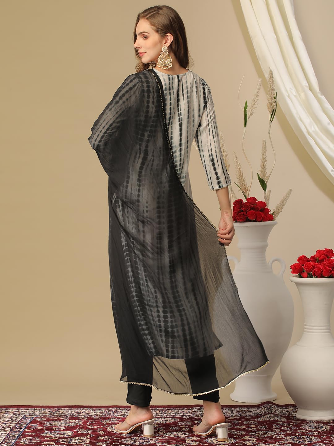 Gosriki Women'S Rayon Blend Straight Printed Kurta With Pant & Dupatta (Tiedye Black-Gs_M_Black_Medium),Black,,B0D3BYZH9X