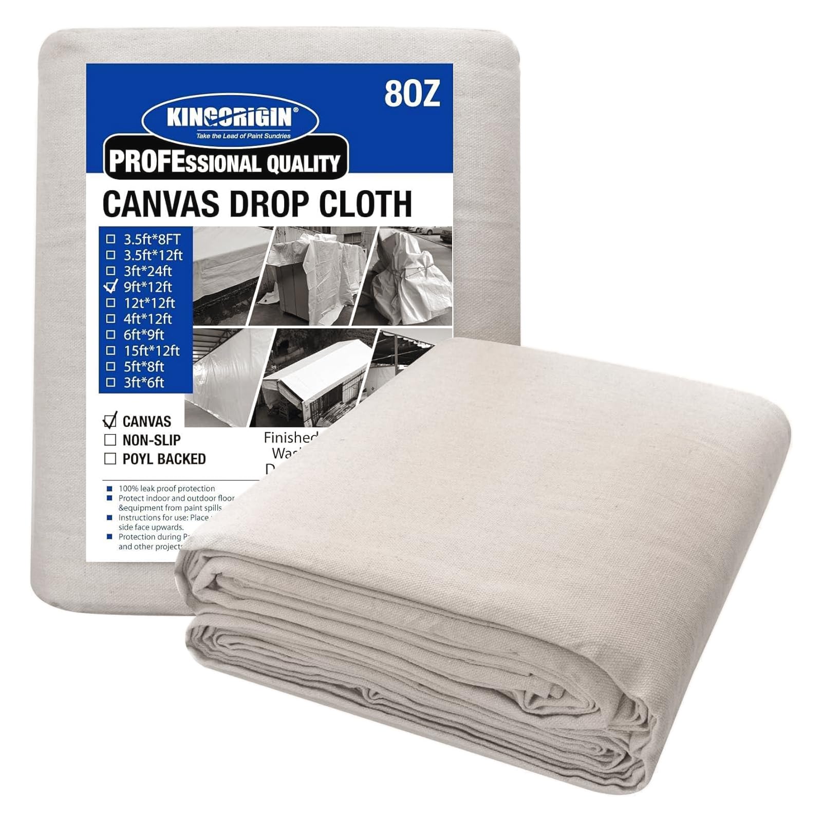 Kingorigin Canvas Drop Cloth, 9 X 12 Feet Canvas Tarp, Washable and Reusable Cotton Paint Tarp, Drop Cloths for Painting, Curtai