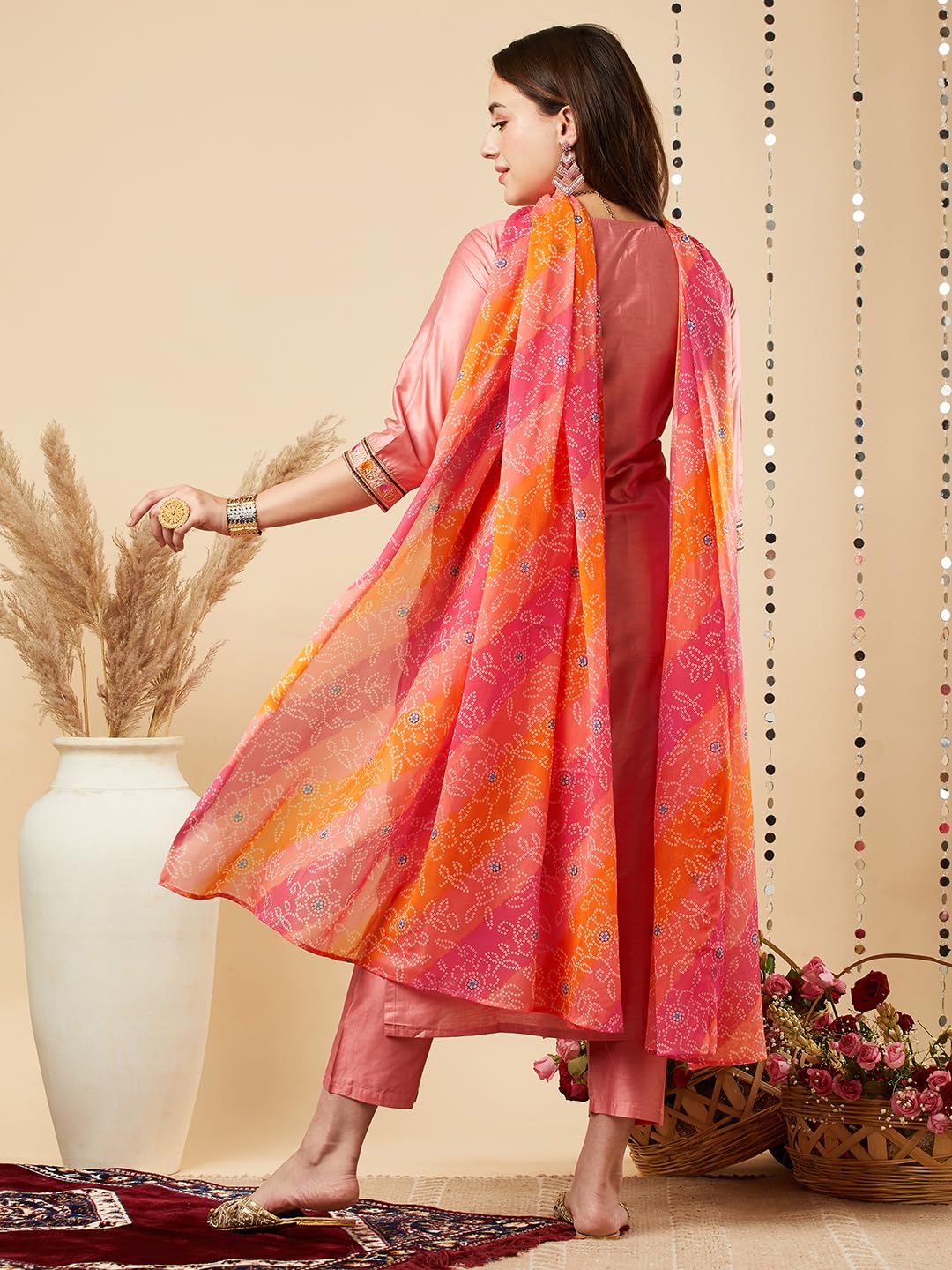 Gosriki Women'S Cotton Blend Embroidered Straight Kurta With Pant & Dupatta (Lily Peach-Gs_Xl_Peach_X-Large),Peach,,B0CJY7YSDK