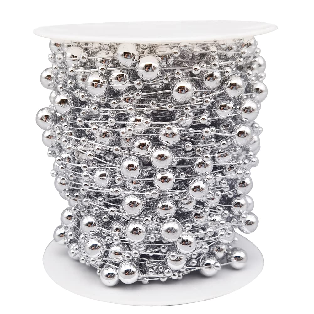 INSPIRELLE 99 Feet Silver Christmas Tree Beads Artificial Pearls Garland Chain Plastic Bead Roll for DIY Christmas Wedding Decor