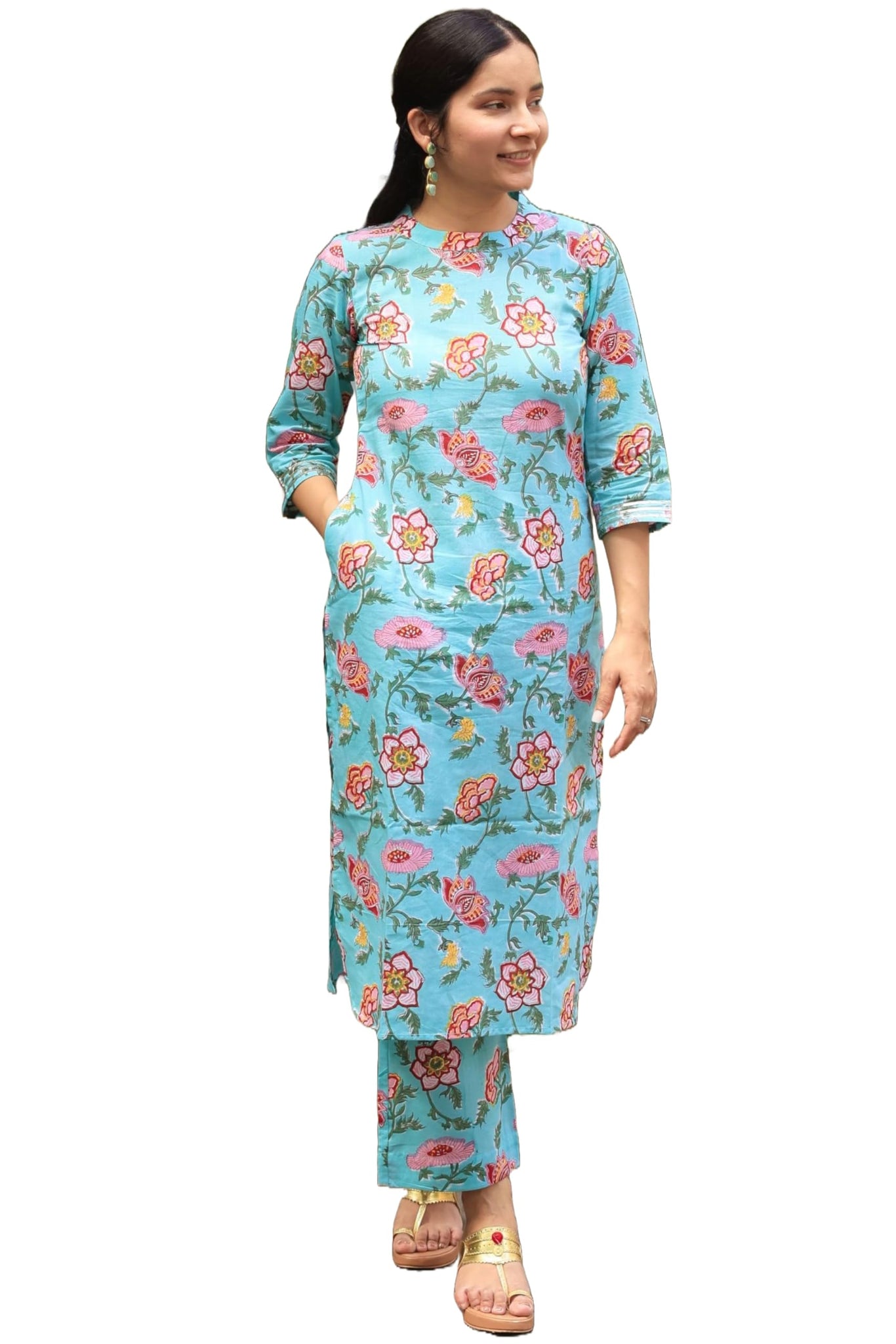 Anni Designer Women'S Cotton Blend Straight Printed Kurta With Pant (Nazuk-Rama_Xxl_Blue_Xx-Large),Blue,2XL,,,