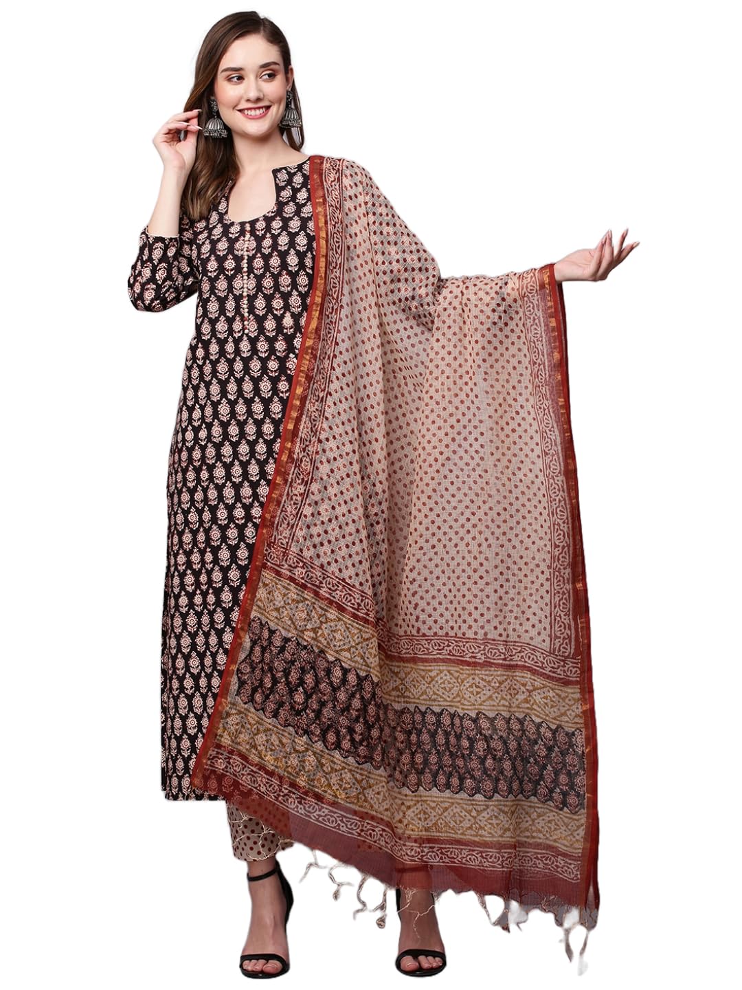 Anni Designer Women'S Cotton Blend Straight Printed Kurta With Pant & Dupatta (Nayantara Black_Xxl_Black_Xx-Large),Black,2XL