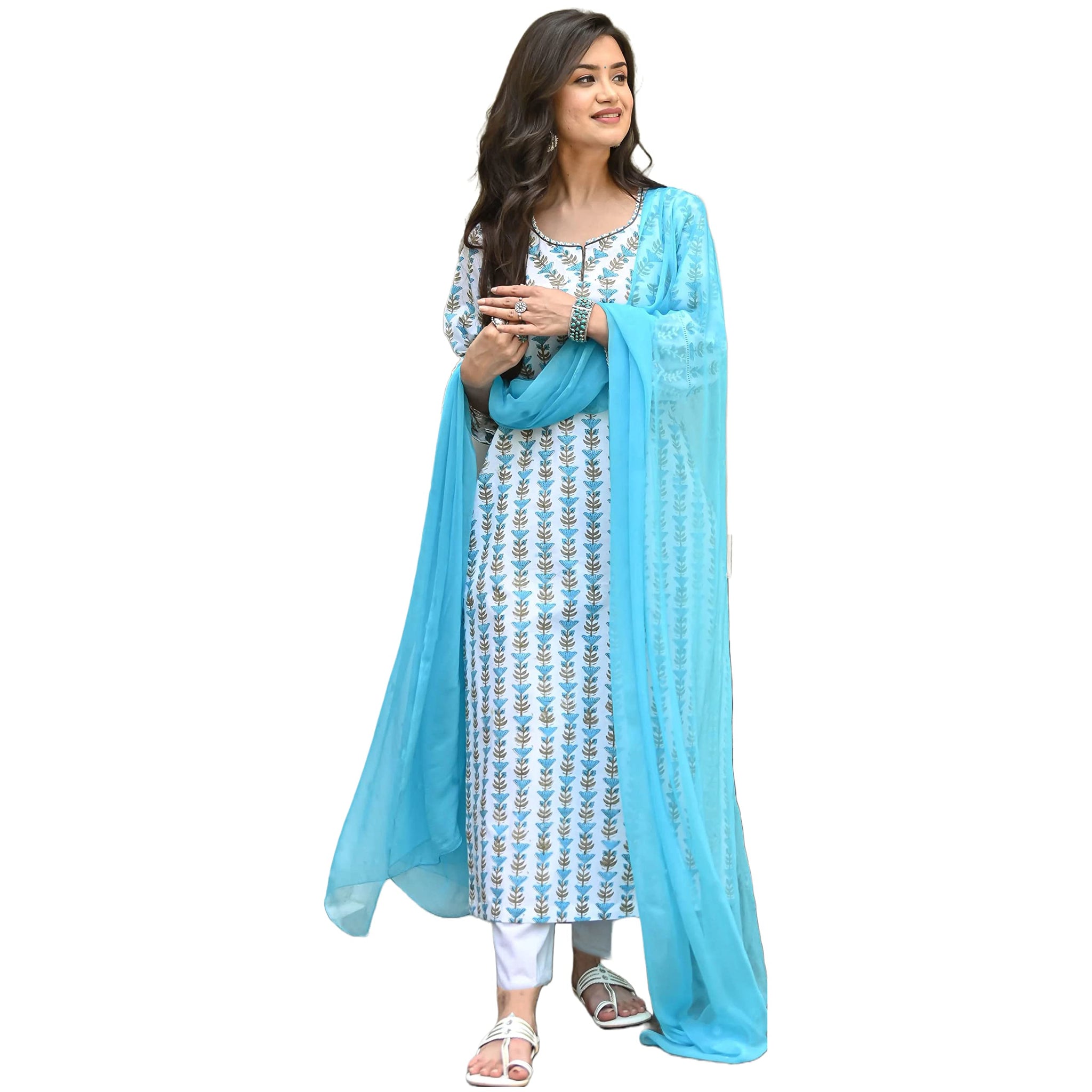 Anni Designer Women'S Cotton Blend Straight Printed Kurta With Pant & Dupatta (April-Sky Blue_M_Sky Blue_Medium),Sky Blue,M