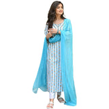 Anni Designer Women'S Cotton Blend Straight Printed Kurta With Pant & Dupatta (April-Sky Blue_Xl_Sky Blue_X-Large),Sky Blue,XL
