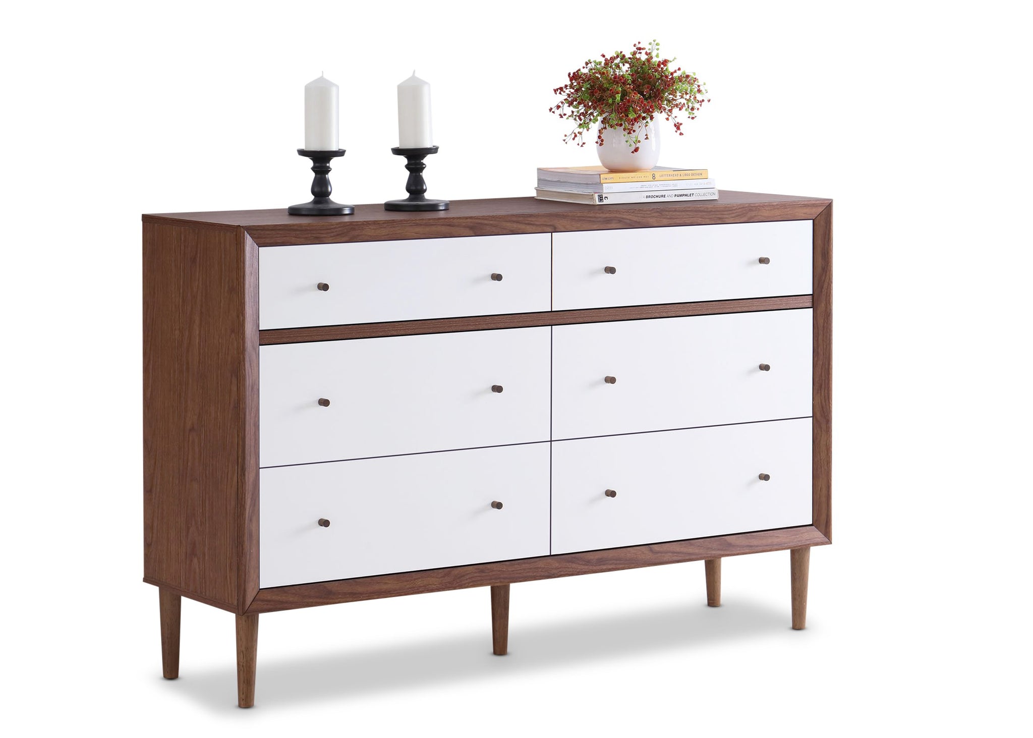 Baxton Furniture Studios Harlow Mid-Century Wood 6 Drawer Storage Dresser, Medium, White And Walnut