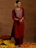 Libas Gerua Womens Yoke Design Silk Blend Straight Kurta With Salwar And Dupatta Maroon M