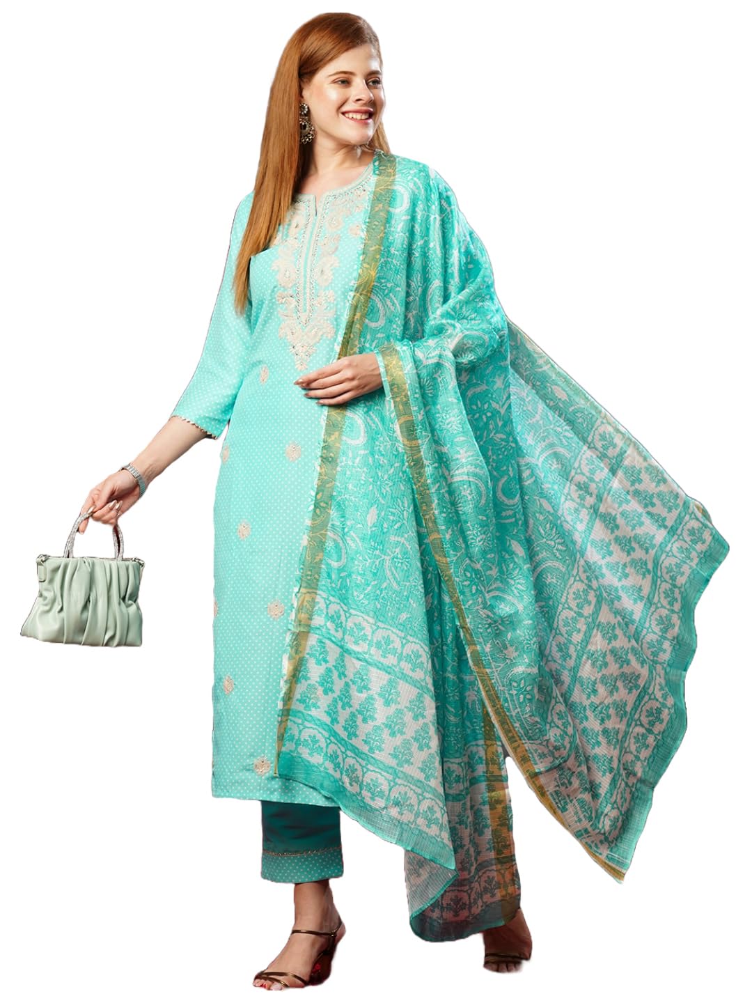 Gosriki Women'S Cotton Blend Straight Embroidered Kurta With Pant & Dupatta (Vally See Green-Jl-Gs_Xl_See Green_X-Large),See Green,,B0D73Y979T