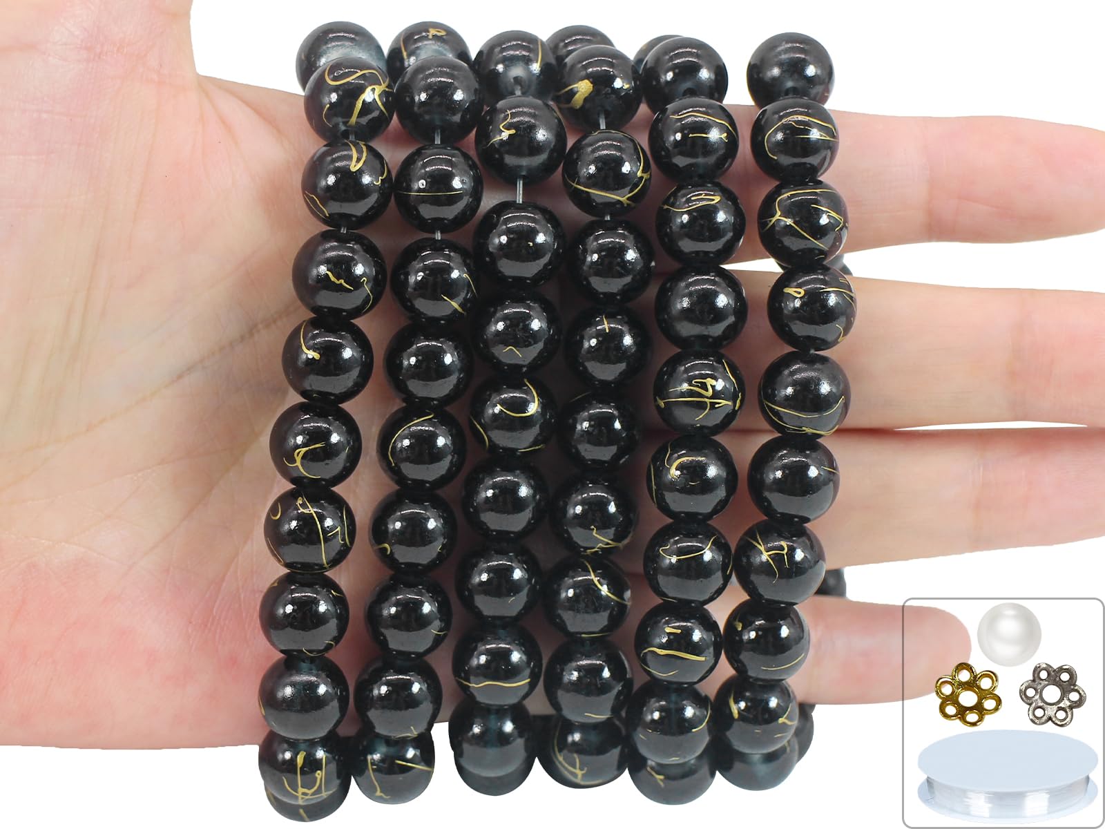PAMIR TONG 300PCS 10mm Black & Gold Glass Beads for Jewelry Making,Round Smooth Beads, Bracelet Space Loose Beads for Jewelry Ma
