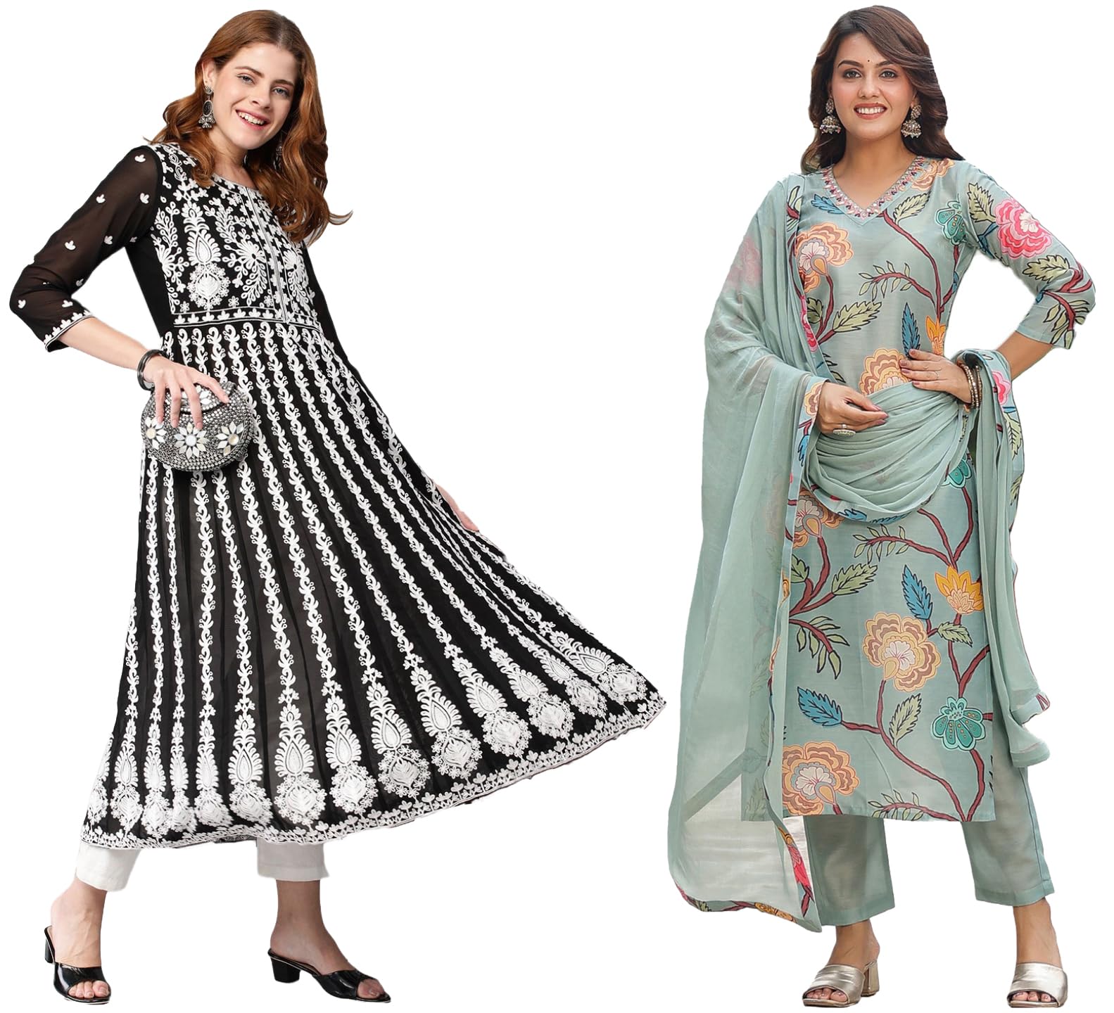 Gosriki Women'S Embroidered Kurti & Kurti Pant Dupatta Set Combo Pack Of 2 (Twig Pista & Kari Black-Gs_Xl_Multi_X-Large),Multicolour,,B0D17X58BB
