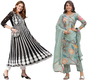 Gosriki Women'S Embroidered Kurti & Kurti Pant Dupatta Set Combo Pack Of 2 (Twig Pista & Kari Black-Gs_Xl_Multi_X-Large),Multicolour,,B0D17X58BB