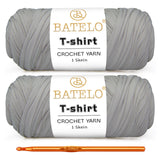 BATELO 2 Pack T-Shirt Yarn for Beginner Crochet Bags, Baskets, Coasters, Thick Polyester Fabric, 400g/144yds, Light Gray