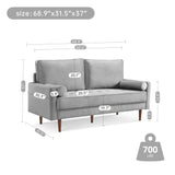 American Furniture Classics Grey 69 Inch Wide Upholstered Two Cushion Sofa With Bolster Pillows Velvet, 68' X 32' X 37'