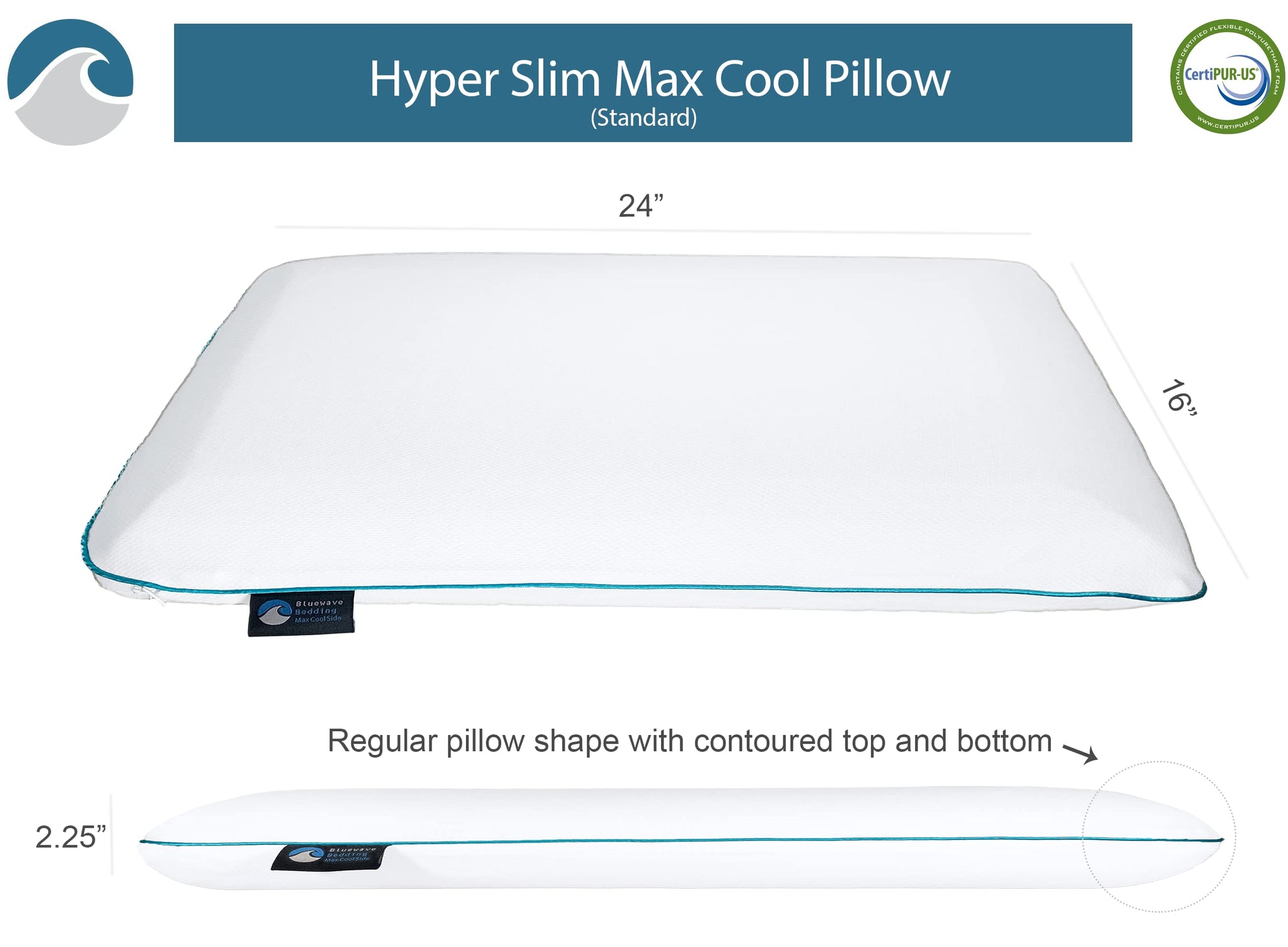 Bluewave Bedding Hyper Slim Max Cool CarbonBlue Gel Memory Foam Pillow for Stomach and Back Sleepers - Thin, Flat Design with Ad