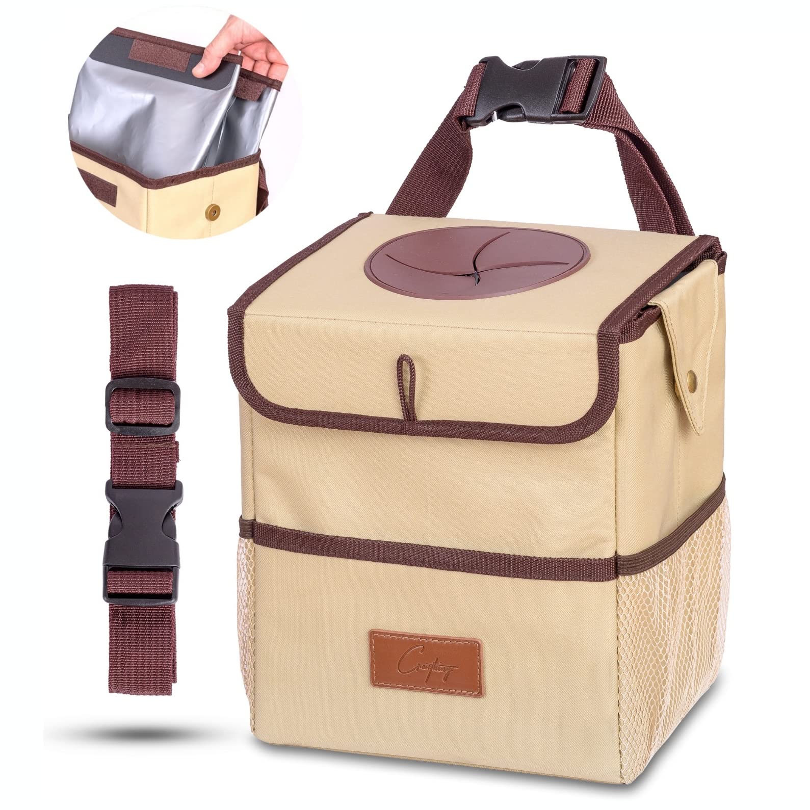 Creathing Car Trash Can With Lid And Detachable Lining | Waterproof, Foldable, Console Or Seat Hanging (2 Gal, Beige)