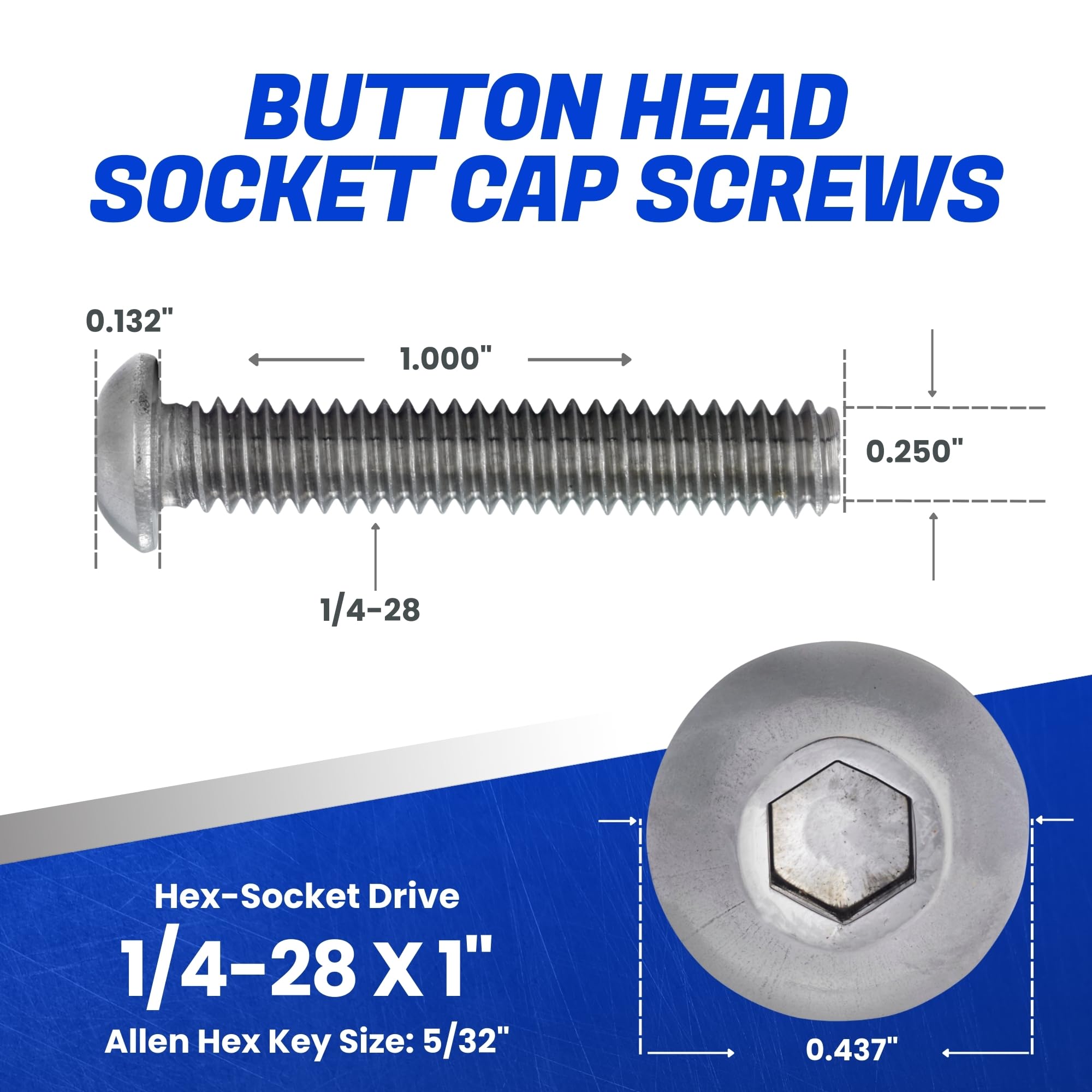 1/4-28 x 1 Button Head Socket Cap Screws, Allen Socket Drive, Stainless Steel 18-8, Full Thread, Bright Finish, Machine Thread