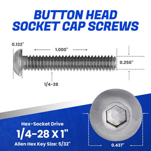 1/4-28 x 1 Button Head Socket Cap Screws, Allen Socket Drive, Stainless Steel 18-8, Full Thread, Bright Finish, Machine Thread