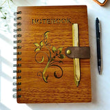 Wooden Cover Spiral Notebook With Pen | EcoFriendly Diary With LaserCut Floral Design & Wooden Pen | Reusable Writing Journal 
