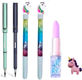 Eclet 6Pc Unicorn Stationery Party Pack 2 Water Glitter Pens, 1 Secret Lipstick Pen, 2 Inkless Pencils & Eraser Set for Kids