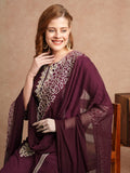 Anni Designer Women'S Rayon Blend Straight Embroidered Kurta With Pant & Dupatta (Trp Wine-Vks01_Xl_Wine_X-Large),Wine,XL,,,