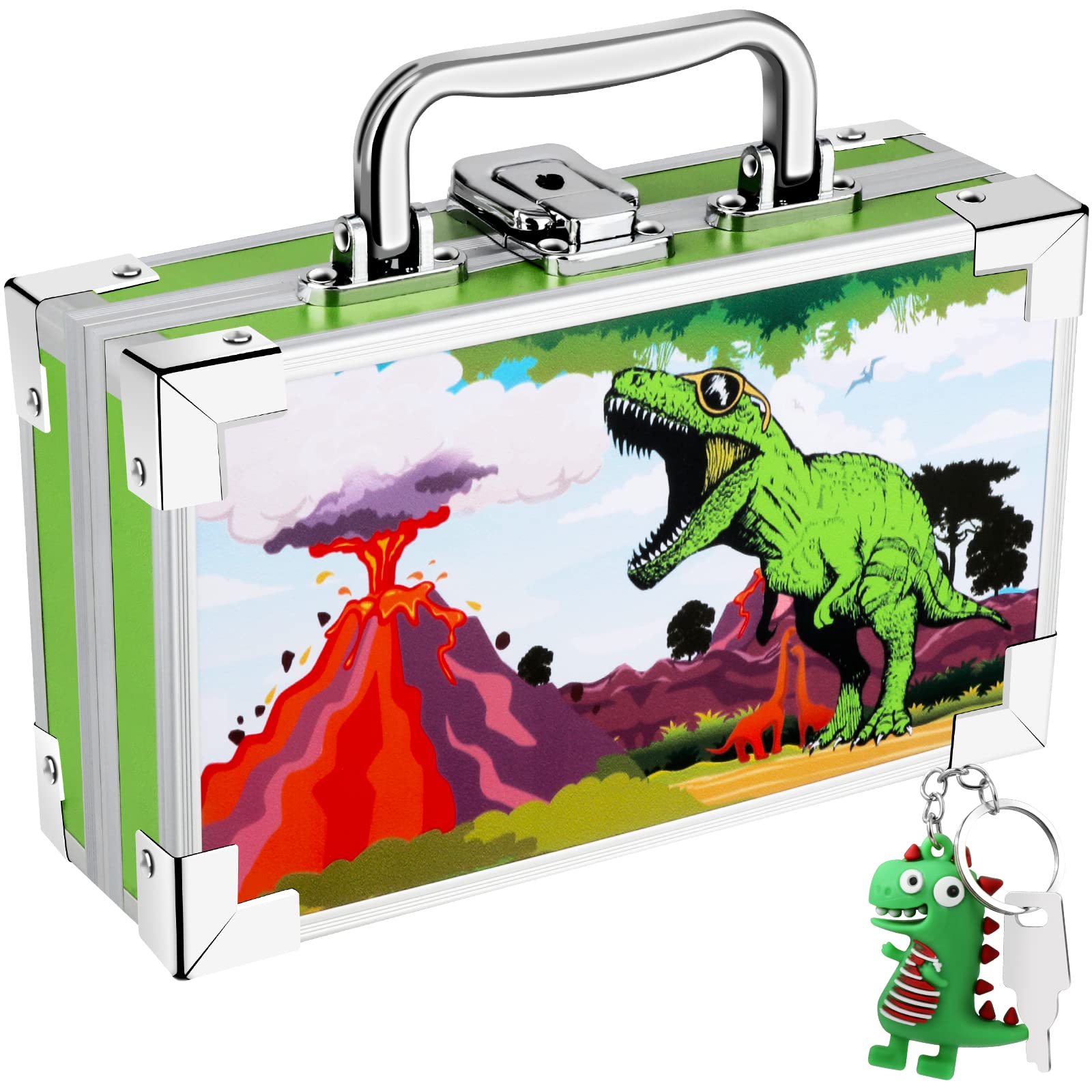 JYPS Dinosaur Pencil Box for Boys & Girls, Lock Box with Portable Handle and Dinosaur Keychain, Green Pencil Case, Cute School S