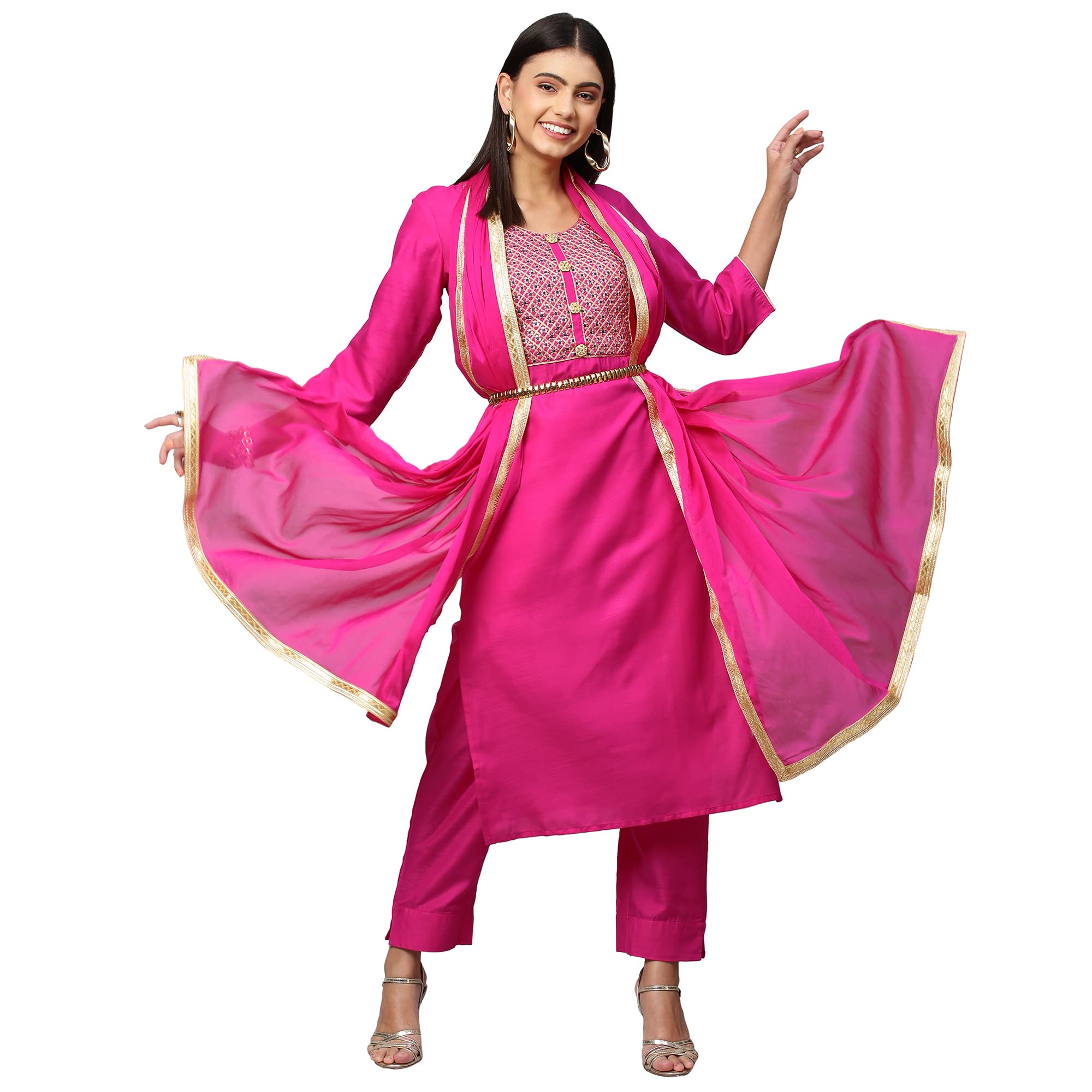 Anni Designer Women'S Cotton Blend Embroidered Straight Kurta With Pant & Dupatta (Lissy New Pink_M_Pink_Medium),Pink,M