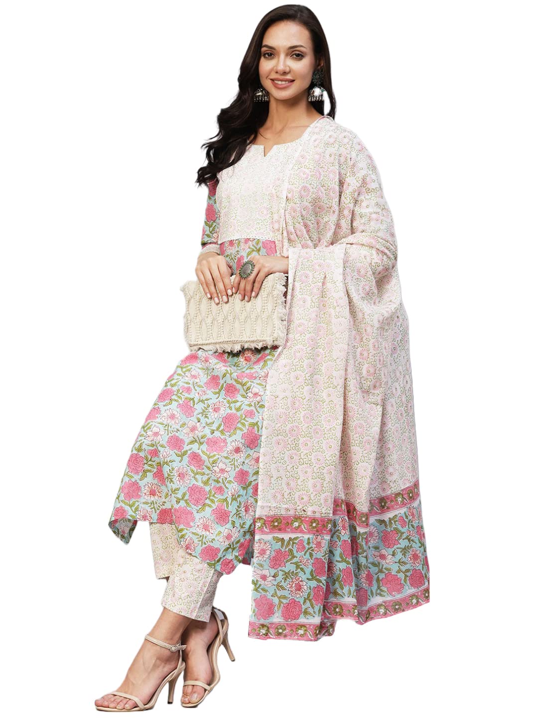 Anni Designer Women'S Cotton Blend Straight Printed Kurta With Pant & Dupatta (Spring Green_S_Green_Small),Green,S