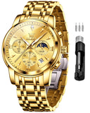 Olevs Gold Watch For Man Classic Business Dress Multi-Function Analog Quartz Watches Stainsteel Steel Waterproof Moon Phase Men'