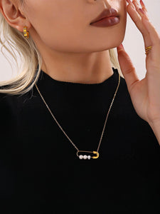 Gold Safety Pin Necklace with Freshwater Pearls  Stainless Steel Pendant Chain Dainty Statement Jewelry (15.7in + 1.9in) 4.0g