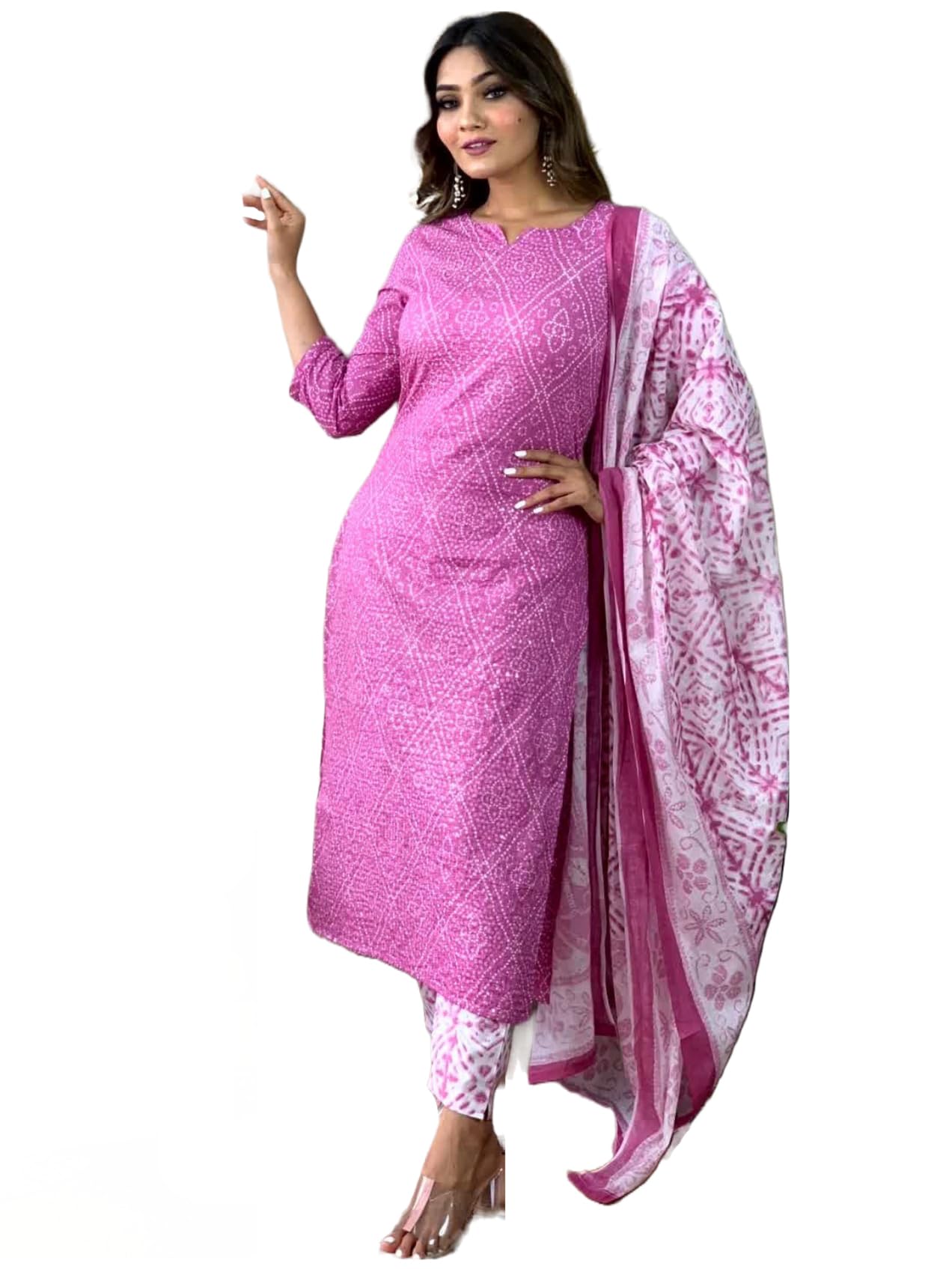 Gosriki Women'S Cotton Blend Straight Printed Kurta With Pant & Dupatta (Dalaja-Majenta-Gs_L_Majenta_Large) Magenta,Magenta,,B0CD7RH9QV
