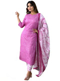 Anni Designer Women'S Cotton Blend Straight Printed Kurta With Pant & Dupatta (Dalaja-Majenta_Xl_Majenta_X-Large) Magenta,Magenta,XL