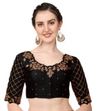 Pujia Mills Womens Embroidery Handmade Raw Cut Work Stone Work Ready Blouse, black, 10