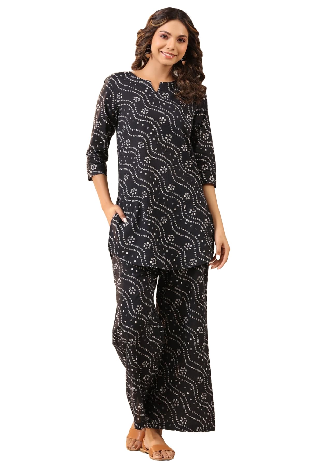Gosriki Women'S Rayon Blend Straight Bandhej Printed Kurta With Pant (Nesta Blue-Gs_L_Blue_Large),Blue,,B0CX144JPC