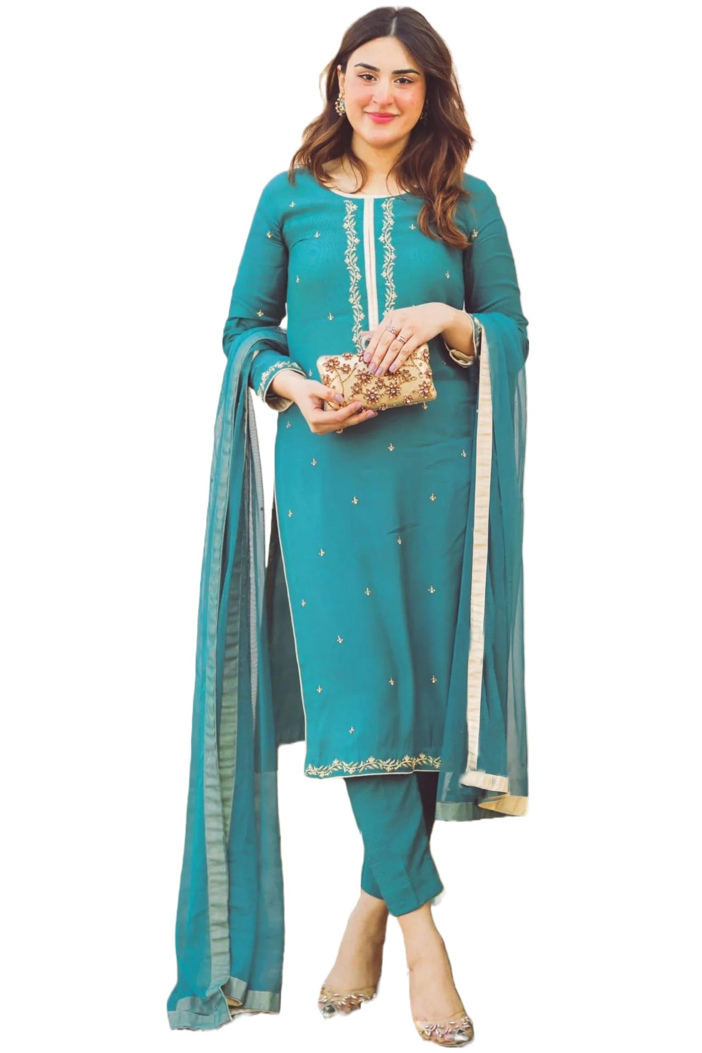 Anni Designer Cotton Blend Women'S Calf Length Embroidered Straight Kurta With Pant & Dupatta (Aaniyat Green-Nvw Medium),Green,M