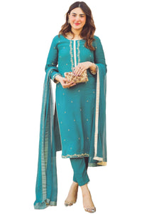 Anni Designer Cotton Blend Women'S Calf Length Embroidered Straight Kurta With Pant & Dupatta (Aaniyat Green-Nvw Small),Green,S