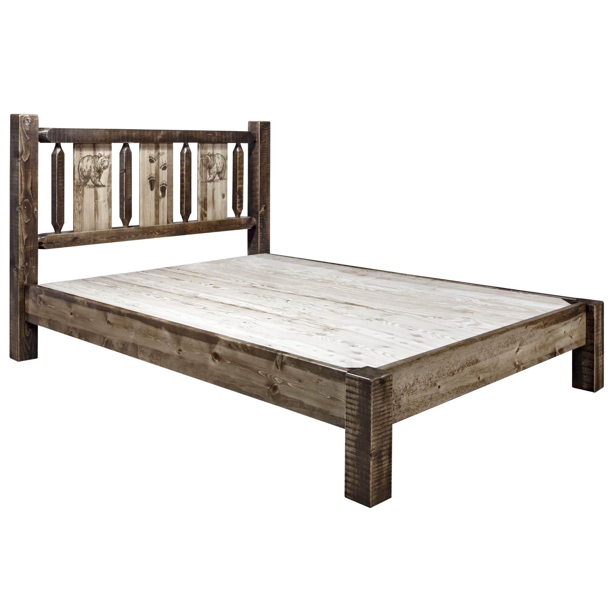 Montana Woodworks Woodworks Homestead Collection Queen Platform Bed, Stain And Clear Lacquer Finish With Laser Engraved Bear Des